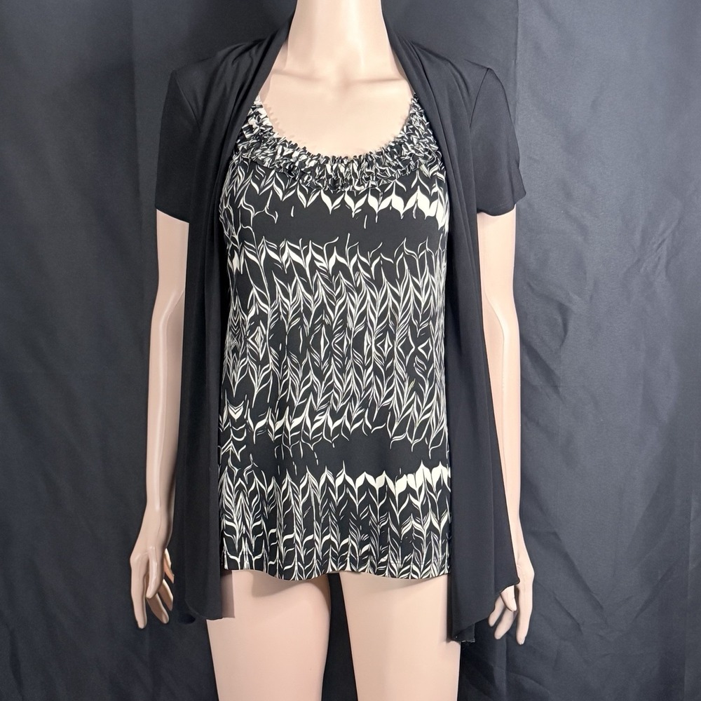 Perseption Petite Black White Leaf Print 2-in-1 Cardigan Tank Top PL